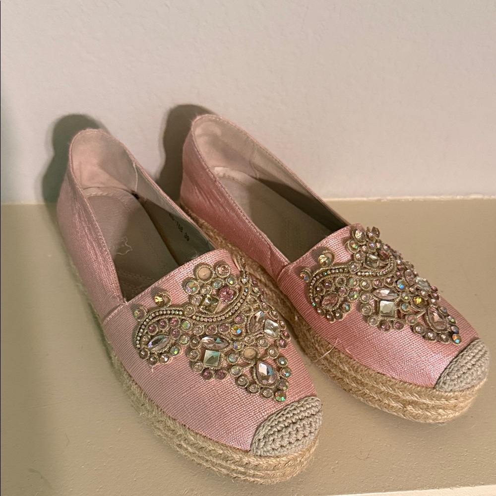 Designer inspired Pink Beaded Espadrille Flats – Size 39